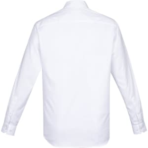A white long sleeve button-up shirt with a classic collar and a logo on the back.
