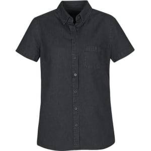 A black women's short sleeve button-up shirt with a chest pocket and a collar. It has a simple design and a logo.