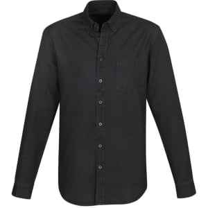 A black long sleeve button-up shirt featuring a chest pocket and a classic collar. It has a logo on the chest.