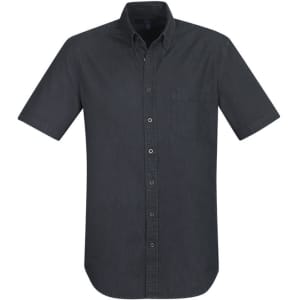 A dark grey short sleeve button-up shirt featuring a chest pocket and a collar. It has branding on the side.