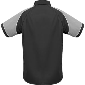 A short sleeve shirt in black with grey accents and contrasting piping, featuring a logo on the back.