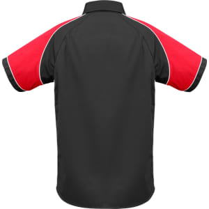 A short sleeve button-up shirt featuring a black body and red sleeves, with contrasting piping and a logo.