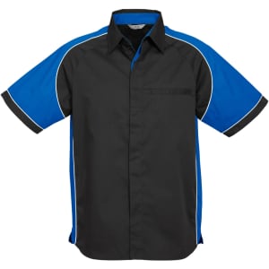 A short sleeve button-up shirt in black with blue accents and a chest pocket, featuring a logo.