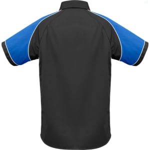 A short sleeve button-up shirt in black with blue sleeves and contrasting trim, featuring a logo.