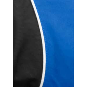 A blue and black short sleeve shirt with contrasting white detailing and a curved design element.