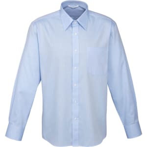 A light blue long sleeve button-up shirt with a single chest pocket and a subtle logo.