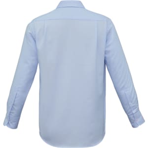 A light blue men's long sleeve button-up shirt featuring a collar and a plain design with a logo on the back.