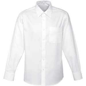 A white long sleeve button-up shirt with a single chest pocket and a collar. Features logo branding.