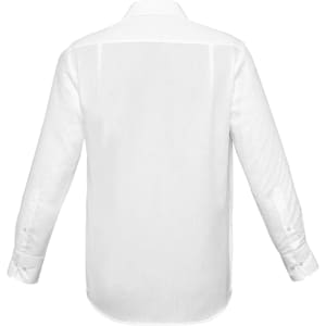 A white long sleeve button-up shirt with a smooth finish and a collar, featuring a logo.