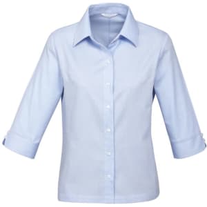 A light blue women's button-up shirt with 3/4 sleeves, featuring a collar and rolled cuffs.