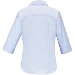 A light blue women's button-up shirt with 3/4 sleeves and a collar. The back view features a sleek design and a logo.