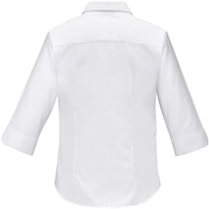 A white women's luxe 3/4 sleeve button-up shirt, featuring a classic collar and a smooth back design.