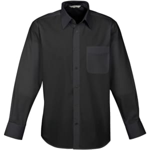 A black long sleeve button-up shirt with a chest pocket and a collar. It features a logo on the label.