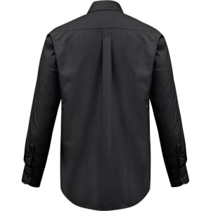 A black long sleeve shirt with a button-up design and a logo on the back.