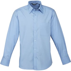 A light blue men's long sleeve shirt featuring a button-up design and a single chest pocket. It has a logo on the label.