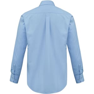 A light blue long sleeve button-up shirt with a back pleat and cuffed sleeves. Features a logo.