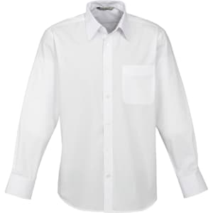 A white long sleeve button-up shirt featuring a single chest pocket and a collar. The shirt has a logo present.