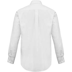 A white long sleeve button-up shirt with a back yoke and buttoned cuffs. Features a logo on the label.