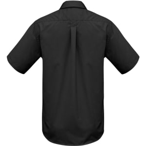 A black men's base short sleeve button-up shirt with a straight hem and a centre back pleat.