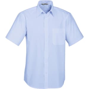 A light blue short sleeve button-up shirt with a chest pocket and a collar. It features a logo on the label.