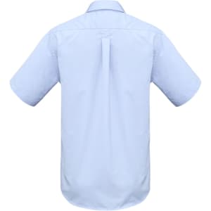 A light blue short sleeve button-up shirt with a back pleat and a logo label.