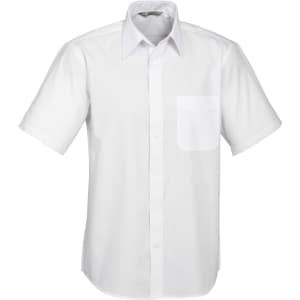 A white short sleeve button-up shirt with a pocket and a collar, featuring a logo on the label.