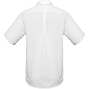 A white short sleeve button-up shirt featuring a back pleat and a collar, with a logo on the collar.
