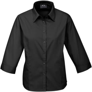 A black women's 3/4 sleeve button-up shirt featuring a collar and a logo.