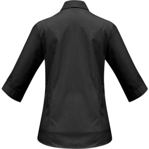 A women's black 3/4 sleeve button-up shirt with a collar and back detailing. The shirt features a logo.