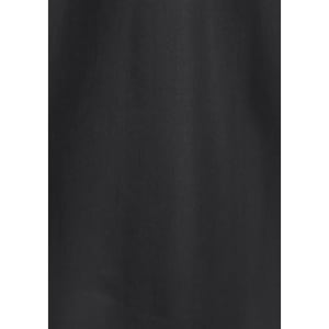 A black fabric for a women's 3/4 sleeve button-up shirt featuring a smooth texture and a logo.
