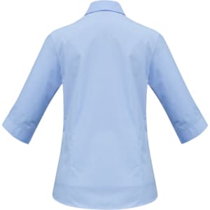 A women's 3/4 sleeve button-up shirt in light blue, featuring a back view with a smooth design and a logo.