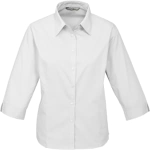 A women's white button-up shirt with 3/4 sleeves and a classic collar, featuring a logo.