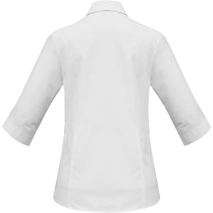 A white women's 3/4 sleeve button-up shirt featuring a rear view design and a logo.