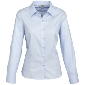 A light blue women's long sleeve button-up shirt with a collar and a logo on the label.