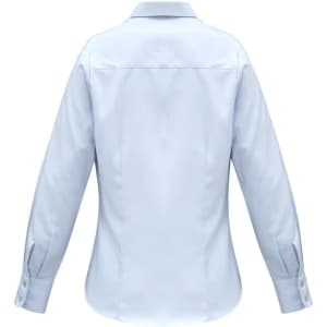 A light blue women's long sleeve button-up shirt with a classic collar and cuffed sleeves. Features a logo.