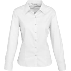 A white button-up shirt with long sleeves and a collar, featuring a front button placket and a logo on the label.