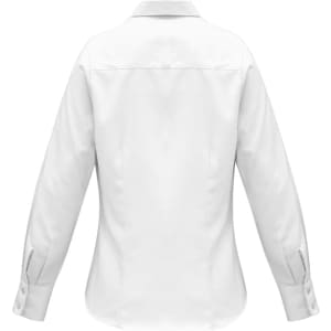 A white women's luxe long sleeve button-up shirt with a collar and buttoned cuffs. It features a branded logo.