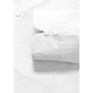 A white button-up shirt with long sleeves, featuring double cuffs and two buttons on the cuff.