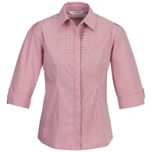 A pink and white striped button-up shirt with 3/4 sleeves and a collar, featuring a logo.