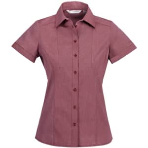 A short sleeve button-up shirt in a rich burgundy hue, featuring a fitted design and a logo.