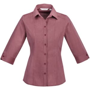 A maroon ladies' button-up shirt with 3/4 sleeves and a collar, featuring a logo.