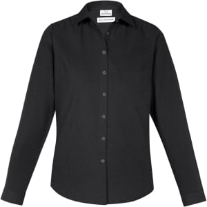 A black women's long sleeve button-up shirt featuring a classic collar and a logo on the label.