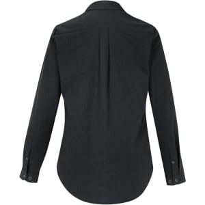 A women's long sleeve button-up shirt in dark grey, featuring a pleat detail at the back and a collar.
