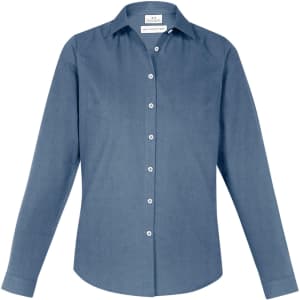 A women's long sleeve button-up shirt in light blue with a collar and button front, featuring a logo.