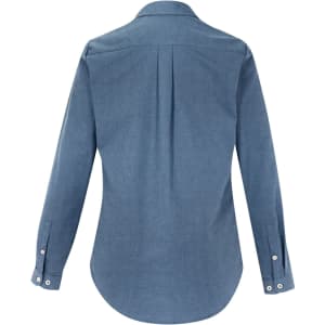 A women's long sleeve button-up shirt in blue with a collar and a back pleat, featuring buttoned cuffs.