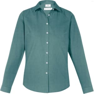 A teal long sleeve button-up shirt featuring a collar and a branded label.
