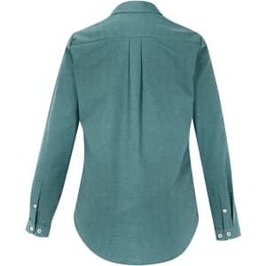 A teal women's button-up long sleeve shirt with a back pleat and buttoned cuff details. Features a logo.