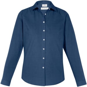 A women's long sleeve button-up shirt in dark navy blue, featuring a classic collar and buttons down the front.