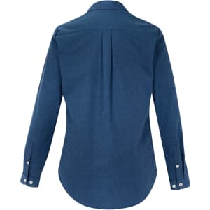 A women's long sleeve button-up shirt in a dark blue hue, featuring a back pleat and buttoned cuffs.