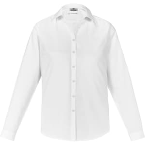 A white long sleeve button-up shirt for women featuring a collared neckline and a logo on the label.